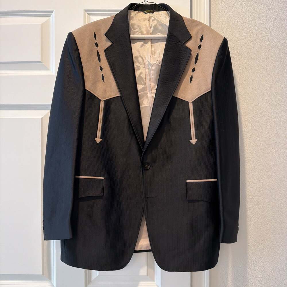 Vtg Pagano West Mens 44R Black Tan Western Yoke Sport Coat Blazer Rockabilly